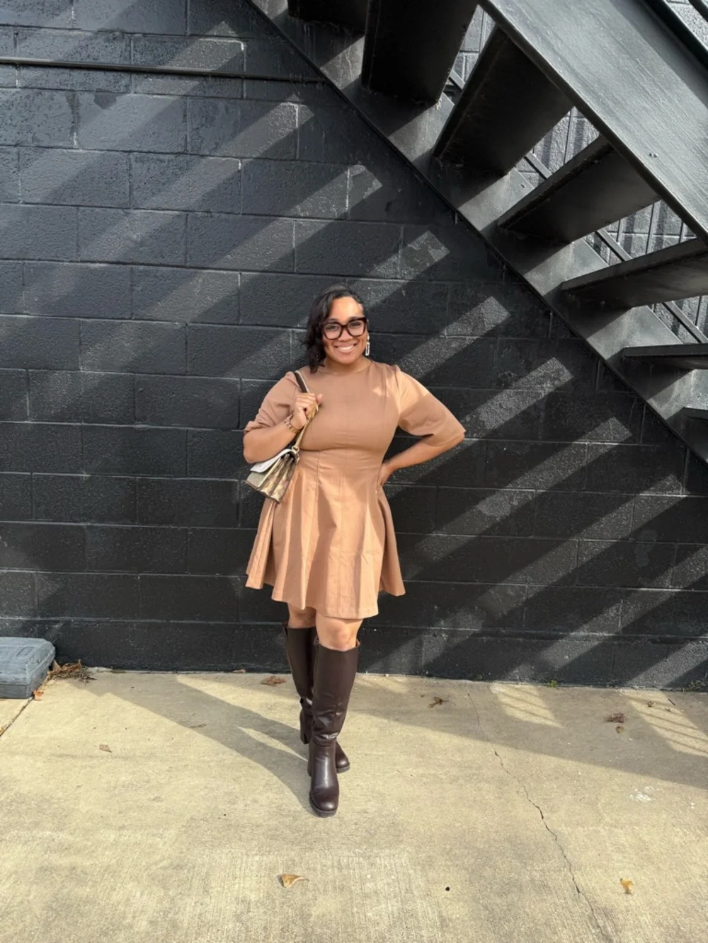 Women’s Short Sleeve Fit-and-Flare Dress in Tan - Picture 3 of 3
